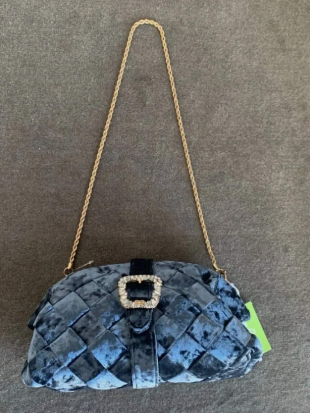 Sam Edelman Brit Frame Clutch Bag Velvet Shoulder Blue Jeweled Chain Strap